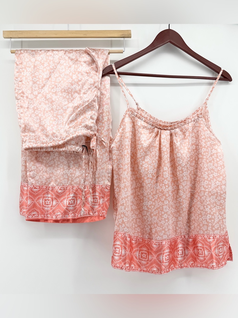Satin Loungewear Boho Floral Pajama Set 2X Peach Orange Cami Wide Leg Pants 2pc